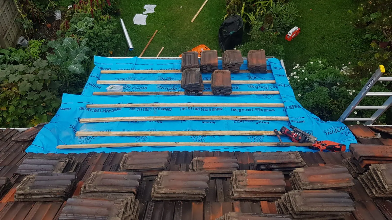Roof underlay and timber battens installed before tiles are relaid